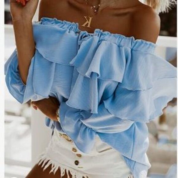 NEW Black Off Shoulder Ruffle Layered Blouse - Picture 4 of 7